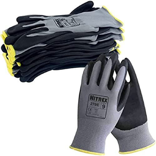 NITREX 270E Arbeitshandschuhe, abriebfeste Schutzhandschuhe mit Polyesterfutter Nitrilschaum-Handflächenbeschichtung, Schutz vor mechanischen und industriellen Gefährdungen–10 Paar je Beutel–Größe 10