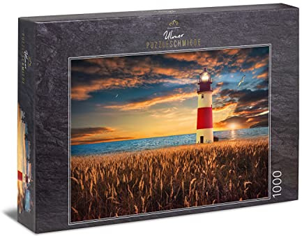 Ulmer Puzzleschmiede - Puzzle „Horizont“ - Klassisches 1000 Teile mit Leuchtturm am Meer - Das Licht auf dem Leuchtturm löst das Licht der Sonne ab und leitet den Abend EIN - Puzzle Made in Germany