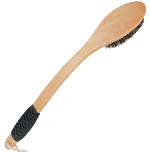 OWIIZI Horsehair Bath Brush Wooden Curved Long Handle Antiskid Shower Brush for Exfoliating, Natural Mane Scrubber for Back Use Wet or Dry,Back Scrub Deep Cleanse-17.2inches