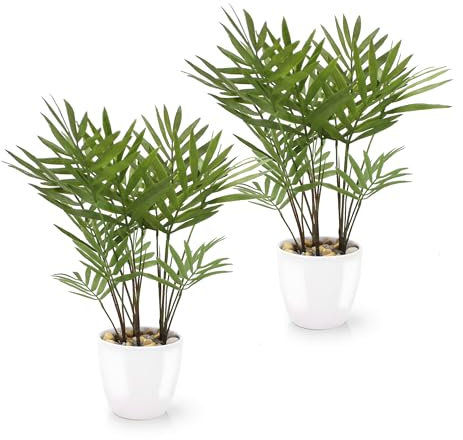 PASCH® Set med 2 konstgjorda palmer Areca (25 cm) i vita keramiska krukor: Konstväxter som riktiga | konstgjorda växter i kruka | konstgjord palm | konstgjorda blommor i kruka | konstgjord palm