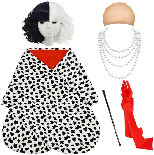 Juziviee Cruella Devil VD106 Lot de 6 costumes pour femme - Écharpe avec perruque Cruella, gants rouges, collier long, porte-C, bonnet pour costume de carnaval