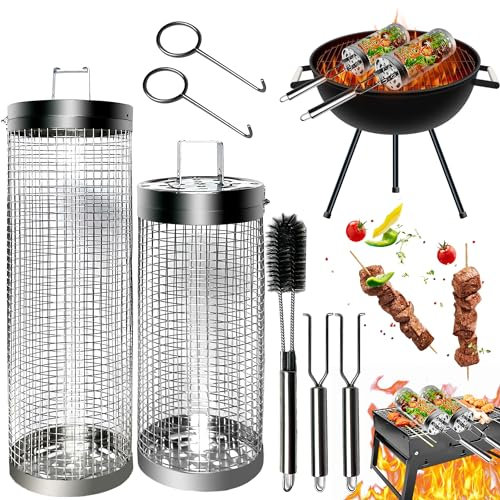 2 Stück Zylindrischer Grillkorb,Edelstahl Rollender Grillkorb,Rolling Grillkorb mit abnehmbarem Griff Edelstahl,BBQ Grillzubehör,Grillkorb Zylindrisch
