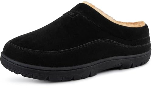 HomeTop Men's Moccasin Slippers Soft Warm Non-slip Memory Foam Indoor House Shoes with Fluffy Lining Black, 8-9 UK