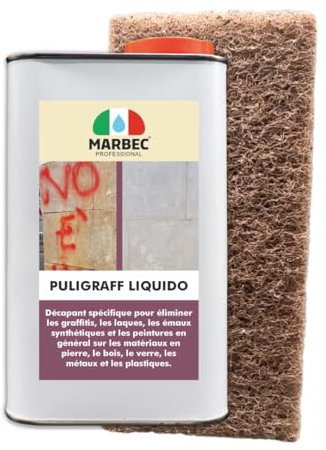 MARBEC PULIGRAFF LIQUIDO 1LT + TAMPON MARRON Décapant pour graffitis, laques, émaux synthétiques et peintures sur la pierre, le bois, le verre, le métal et le plastique.