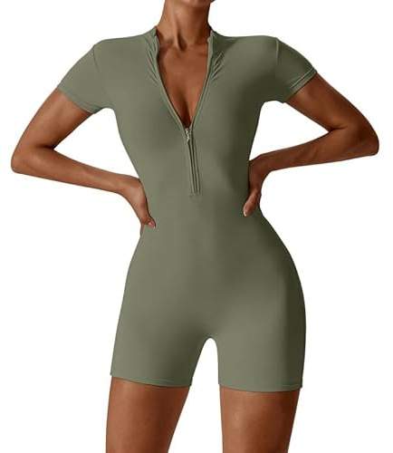 Litthing Women Shorts Jumpsuits Sports Romper Short Sleeve Unitard Stretchy Bodycon Playsuit Zip Up Workout Outfit Slim Fit One Piece Smooth Touch Bodysuit Fitness Sportswear Daily Wear