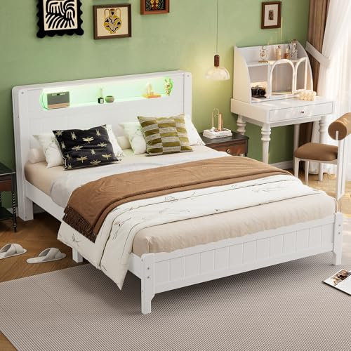 Merax Doppelbett Holzbett 140x200cm, Flachbetten Bettgestell mit LED und Lattenrost, Kopfteil mit Stauraum, Einfaches Bett für Kinderbett Jugendbett, Kiefer+MDF, Ohne Matratze, Weiß