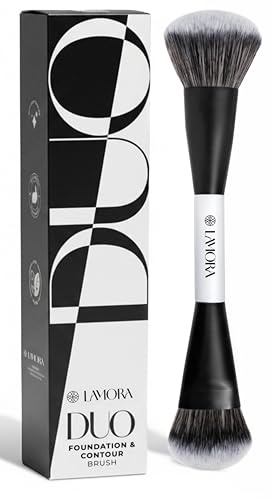 Lamora Liquid Bronzer + Contour Foundation Dual-Ended Makeup Brush - Full Face Duo Makeup Kabuki Brush for Cream or Liquid Blush Highlighter Concealer - Vegan, Cruelty-Free & Synthetic Bristles