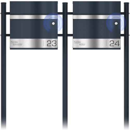 Timbre inalámbrico buzón Doble exento con Base Antracita RAL 7016 - buzón Personalizado Acero Inoxidable Grabado láser Nombre de la Calle número de la casa - con Cerradura