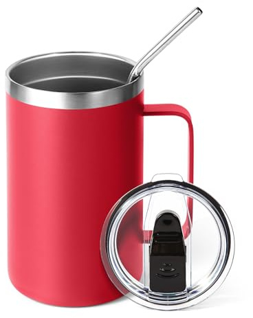 Volhoply 500 ml isolerad kaffemugg i rostfritt stål med läckagesäkert lock, dubbelväggig vakuumisolerad resemugg med handtag, återanvändbar metalltumlare, campingmuggar håller varma och kalla drycker