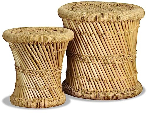 Lot de 2 tabourets empilables en bambou et jute, peu encombrants, faits à la main, résistants aux intempéries, pour cuisine, balcon, jardin, extérieur, comme tabouret et table d'appoint