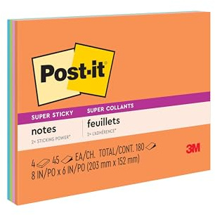 Post-it Super Sticky Notes, 8 x 6 in, Neon Fizz, 4 Lined Pads