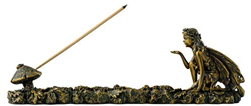 Top Collection Fairy and Mushroom Incense Holder-Hand Painted Mythical Creature with Bronze Finish Look - 10-Inch Collectible Figurine