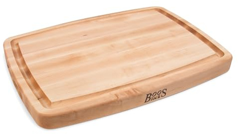 John Boos CB Series Rectangular Wooden Maple Cutting Board 20”x14” – 1.5” Thick, 12-lb Reversible Butcher Block with Rounded Edges, Juice Groove, Edge-Grain & Finger Grips – Made in the USA