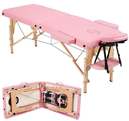 Yaheetech Multi-Functional Massage Bed Folding Beauty Bed Spa Salon Therapy Couch with Adjustable Wooden Legs 2 Sections Pink