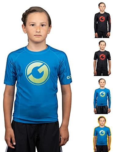 Gold BJJ Kids' Contender Rash Guard - Youth Boys and Girls Jiu Jitsu Rash Guards (Short Sleeve, Blue, XL)
