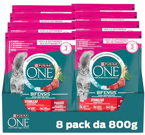 PURINA ONE Bifensis Sterilcat Crocchette per Gatti Adulti Sterilizzati con Manzo e Frumento 8 Sacchi da 800g