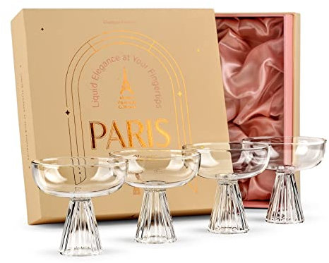 Copas de Vidrio de Borosilicato Paris | Juego de 4 | 230 ml | Cristalería Cupé para Champán, Margarita, Espresso Martini, Manhattan, Cosmo, Daiquiri | Coctelería Elegante Moderna para Cocteles de Bar
