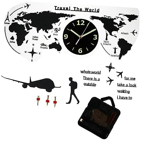 Garneck 1satz Wanduhr Weltkarte Dekorative Leise Wanduhr Für Wohnzimmer Und Büro Kreatives Reise-Thema Ohne Batterie Schwarz Leuchtend