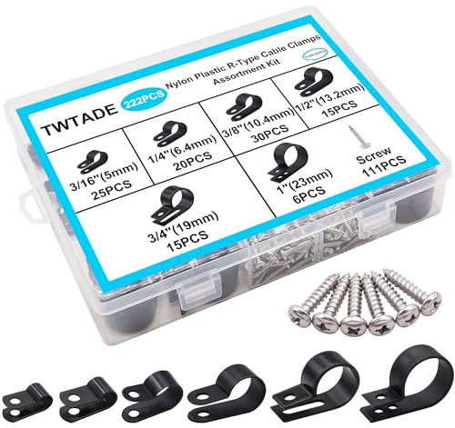 TWTADE 222PCS Black Cable Clamps Assortment Kit,Nylon Plastic R-Type 6 Sizes 3/16'' 1/4'' 3/8'' 1/2'' 3/4'' 1'' Cable Mounting Wire Clips Fastener with Screws for Wire Management