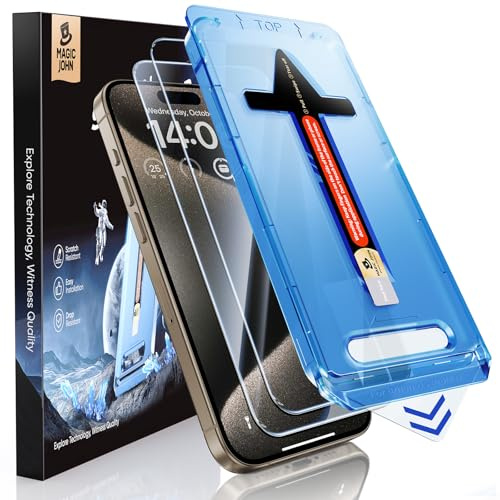 MAGIC JOHN 2 Pack for iPhone 15 Pro Max 6.7 inch Tempered Glass Screen Protector, Auto Dust-Elimination Installation, Bubble Free, Dynamic Island Compatible, HD Clear, Easy Installation