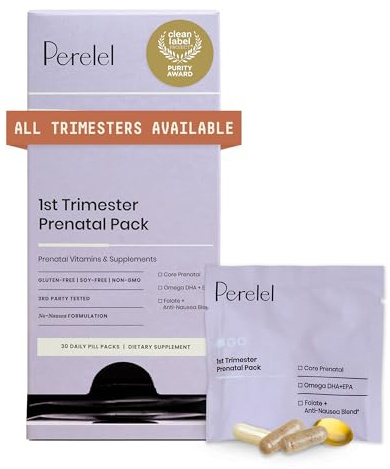 Perelel 1st Trimester Prenatal Pack, Multivitamin with Folate, Vitamin D, Omega 3, Iron & Ginger, Nutritional Support for Early Pregnancy, Soy & Gluten Free, Non GMO, 30 Daily Pill Packs