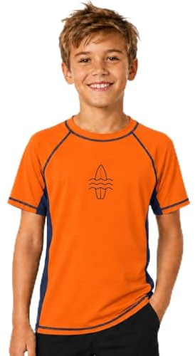 Glimnerize Pojkar Rashguard badskjorta kortärmad UV-skjorta badskjorta rund krage badmode torkning 104-164.., apelsin, 152