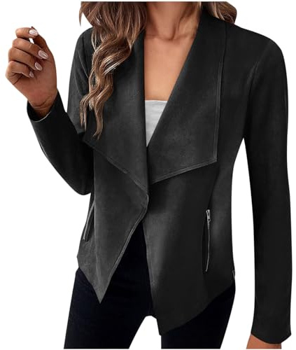 TANMESSO Women's 2024 Long Sleeve Open Front Cropped Faux Suede Jackets (Black,L,L,Regular,Regular)