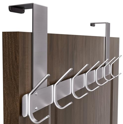 HONSKY Over The Door Hanger - 7 Double Hook Foldable Towel Rack, Coat & Clothes Organizer for Bathroom/Bedroom, Space Saving, Heavy Duty, Silver