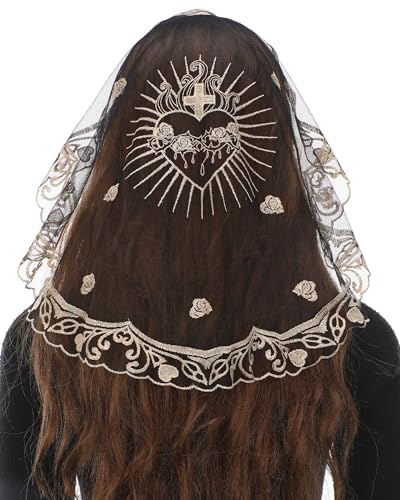 Bozidol Velos de Iglesia Católica para Mujeres - Estilo Princesa, Bordado del Sagrado Corazón y Rosa en Encaje, Mantilla para Capilla, Cobertura para la Cabeza en Misa Latina