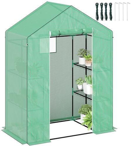 Outsunny Serre avec porte roulante, fenêtres, étagères, résistante à l'hiver Serre en film d'acier, serre pour balcon, jardin, serre à tomates 143 x 74 x 190 cm, serre à tomates pour tomates, légumes,
