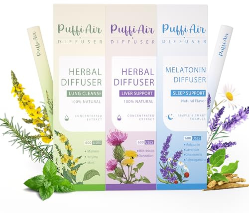 PUFFIAIR Set di 3 penne con diffusore di erbe naturali, verbasco, dente di leone e lavanda, per aromaterapia, inalatore (verde, viola e blu, 3 confezioni)