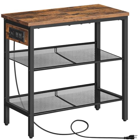 HOOBRO End Table, 3-Tier Narrow Side Table with Charging Station, Nightstand with 2 Flat or Slant Adjustable Shelves for Small Spaces, Living Room, Bedroom, Rustic Brown and Black BF23UBZ01G1