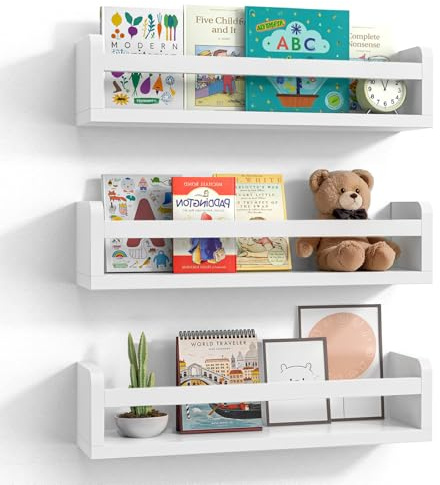 Lizgaho Floating Wall Nursery Book Shelves for Bedrooms Kids 16.5 Inch White Wooden Baby Book Shelf for Kids Rooms Set of 3 Nursery Shelves for Wall Mounted Toddler Bookshelf for Kids Wall