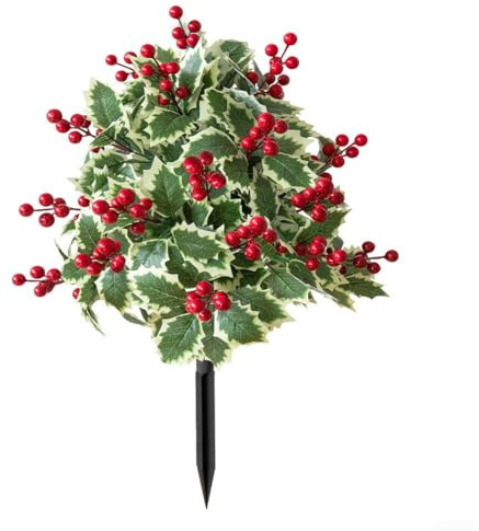 CYRENT Artificial Holly Leaves Berries Christmas Bushes, Decorative Outdoor Holiday Christmas Fake Plant Stake for Home Party Gardens Patios Balconies Decoration with Ground Spike