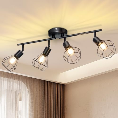 Seruno X Lampada Soffitto Cucina 4 Faretti Orientabili Nero, Base E14 Gabbia Metallica Industriale, Lampadario Vintage per Soggiorno, Camera, Cucina (Senza Lampadine)