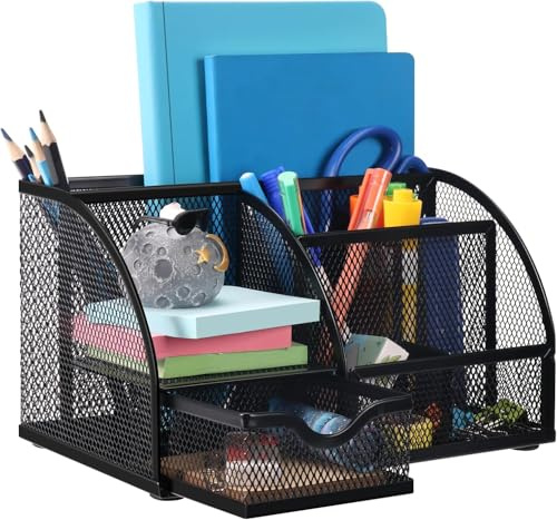 FORKLS Desk Organizer – Mesh Metal Office Organizer with 6 Compartments and Drawer, Pen Holder for Pens, Sticky Notes, Staplers, and Clips (Black)