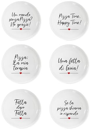 IlGruppone Set Di 6 Pezzi Piatti Per Pizza Grandi In Porcellana Piatto Cucina Pizze Piatti Piani Xxl Decorati Con Scritte - Diametro 31cm (Happy)