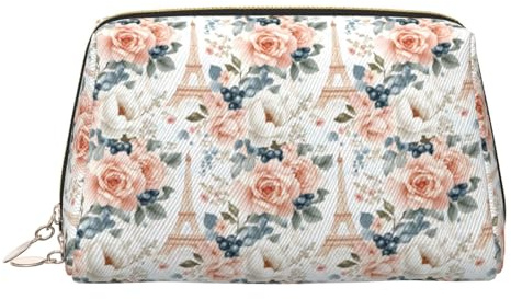 GVYGVY Beauty case da viaggio grande, in pelle PVC, con stampa di fiori e mirtilli e torre Eiffel, borsa per cosmetici da donna con cerniera, portatile, impermeabile, per la cura della pelle