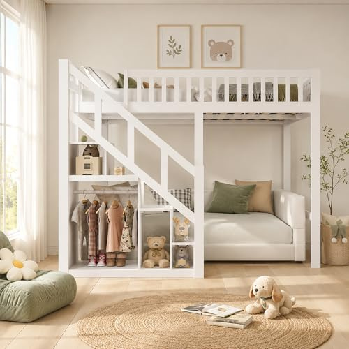 UTTQEW Lit Superposé Enfant 90x200 cm, Lit Mezzanine avec Escaliers de Rangement et Barrière de Sécurité, Sommier à Lattes en Bois, Lit Hauteur Enfant pour Garçon et Fille, sans Matelas