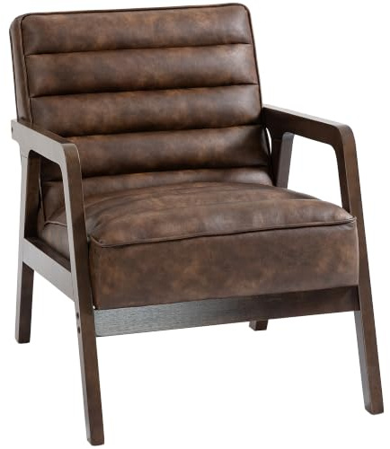 HOMCOM Fauteuil Salon Fauteuil Club en PU Large Assise Coussin Épais Marron | Chaise d'Appoint Rembourré, Structure Bois Massif, pour Chambre, Coins Lecture