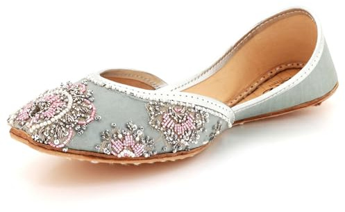 Womens Handmade Embroidered Ethnic Jutti Flats Pearl Sequin Punjabi Mojari Traditional Slip-On Ballet Pumps Wedding Party Eid Diwali Turquoise Shoes Size 6 UK 39 EU