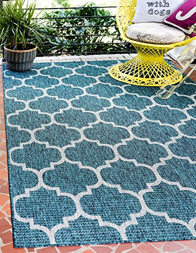Unique Loom Outdoor Trellis Collection Area Rug (4' 1 x 6' 1 Rectangle, Teal/ Gray)