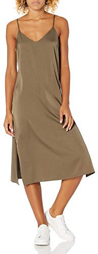 The Drop Ana Vestido de estilo lencero de largo medio y efecto de seda con cuello de pico Mujer, Oliva oscuro, L