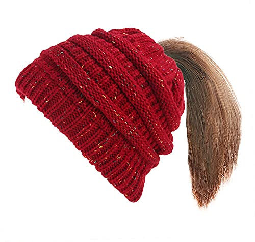 NC kvinnor mössa stickad vinter varm trendig stickad skidskalle keps småbarn flicka stickad mössa med hästsvans hål stickat hål mjuk stretchkabel vintermössa för kvinnor hästsvans rörig bulle mössa