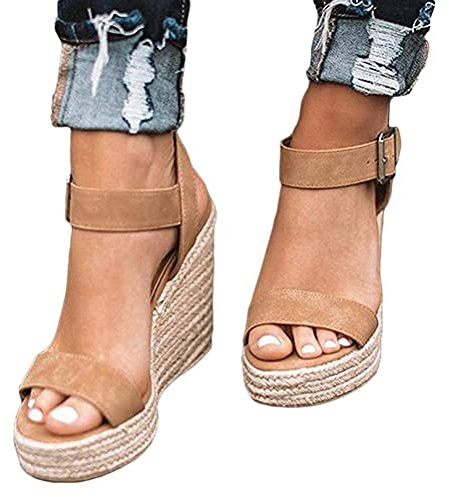 Minetom Chaussure Sandale Espadrille Lanière Cheville Plateforme Femme Corde Avec De La Paille Tressé Talon Compensé C Kaki 34 EU