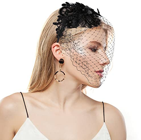 Yolev Fascinators Hut Vintage Schwarz Schleier Fascinator Mesh Spitze Stirnband Tea Party Kopfbedeckung mit Schleier Cocktail Tea Party Kopfbedeckung für Mädchen und Frauen