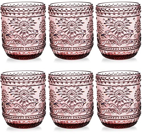 Hacaroa 6 Pack 350 ml Drinking Glasses, Vintage Water Glasses Purple Colored Glassware Heavy Duty, Decorative Floral Embossed Beverages Tumblers for Whisky, Beer, Juice, Wine