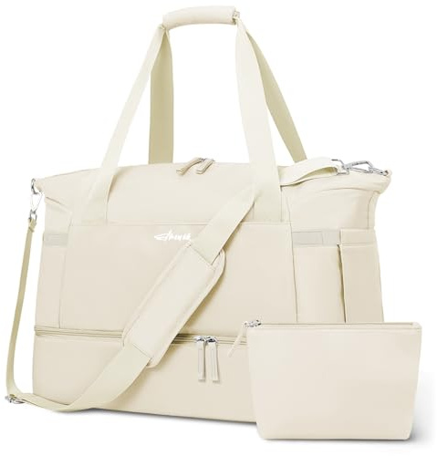 ETRONIK Gym Bag Womens, Travel Duffel Bag, Easyjet Cabin Bag 45x36x20 Underseat, Weekend Bag with Shoes Compartment, Hospital Bag with Wet Pocket & USB Charging Port, Overnight Sports Bag, Big, Beige