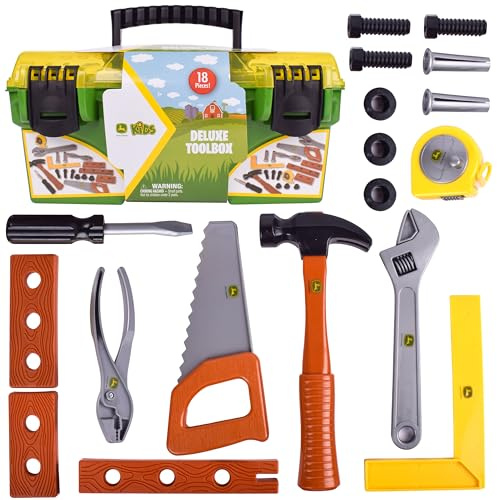 Sunny Days Entertainment John Deere Boîte à Outils de Luxe 18 pièces – Kit de Construction avec mètre Ruban et Autres Outils, Vert