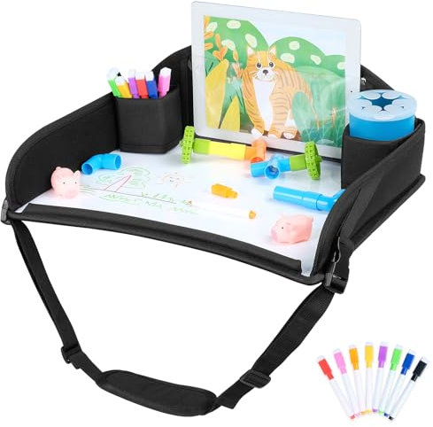 INFANZIA Reisetisch Kindersitz Spiel für Kinder - Knietablett mit Zeichenbrett, Snack Tablett, Kindersitz Rücksitz für Auto Flugzeug Zug Reisen - Unterstützung, Faltbarer Organizer, Schwarz